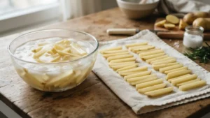 Papas remojándose en agua fría antes de cocinar en air fryer