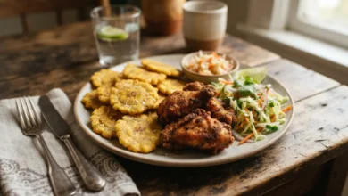 Tajadas con pollo estilo Honduras servidas con ensalada