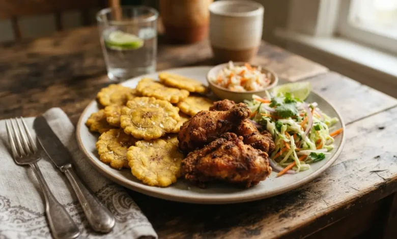 Tajadas con pollo estilo Honduras servidas con ensalada