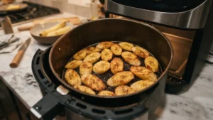 Tajadas de plátano cocinándose dentro de la canasta del air fryer