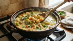 Vegetales y leche de coco cociéndose en la sopa de caracol