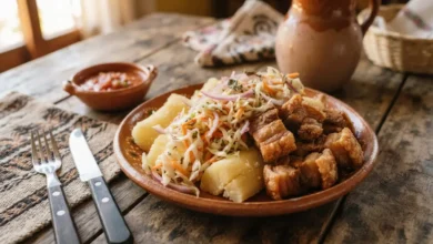Yuca con chicharrón hondureña servida con curtido fresco