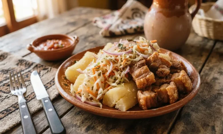 Yuca con chicharrón hondureña servida con curtido fresco